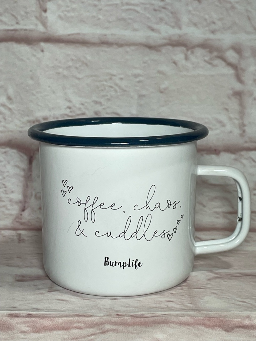 White Enamel Coffee Mug with Navy Rim